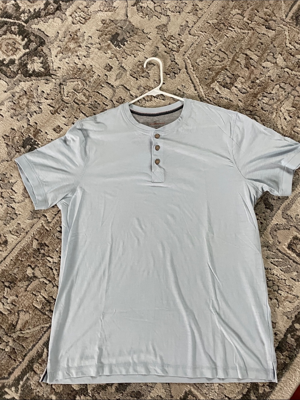 Weatherproof Light Blue Short-Sleeve Henley with Three-Button Placket